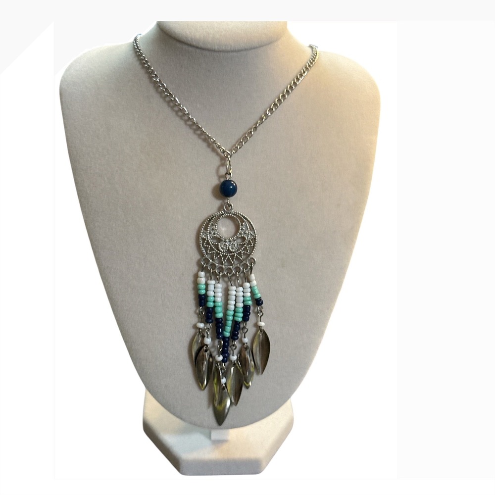 Silver Tone Dreamcatcher Pendant Necklace Blue Teal Seed Beads Leaf Charms